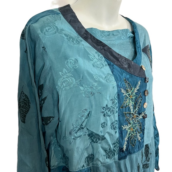 FAITH CELIA FORRESTER Teal Blue Embroidered Lagenlook Art to Wear Top Shirt sz M - Picture 5 of 16